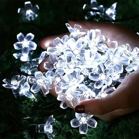YEOLEH Solar Flower String Lights 50LED, IP65 Waterproof 8 Mode Cherry Blossoms Solar Fairy Light for Fence Garden Yard Patio Tree Decor, White