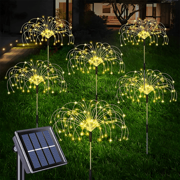 YEOLEH Solar Garden Lights 6 Pack Outdoor Solar Lights with 120 LED Stake 8 Modes Solar Firework Light for Pathway Patio Backyard, Warm White
