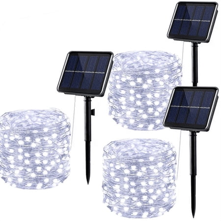 YEOLEH Solar String Lights,33FT 100LED Silver Wire Christmas Fairy Lights,Waterproof Patio Light with 8 Modes for Garden Tree Decor,3 Pack, White
