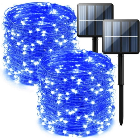 YEOLEH Solar String Lights,33FT 100LED Silver Wire Solar Fairy Lights,Waterproof Patio Light with 8 Modes for Garden Tree Decor,2 Pack,Blue