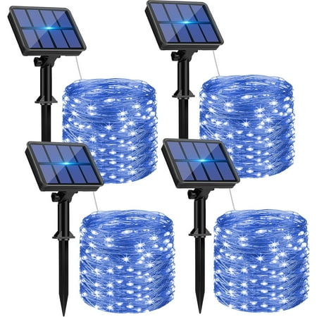 YEOLEH Solar String Lights,33FT 100LED Silver Wire Solar Fairy Lights,Waterproof Patio Light with 8 Modes for Garden Tree Decor,4 Pack,Blue