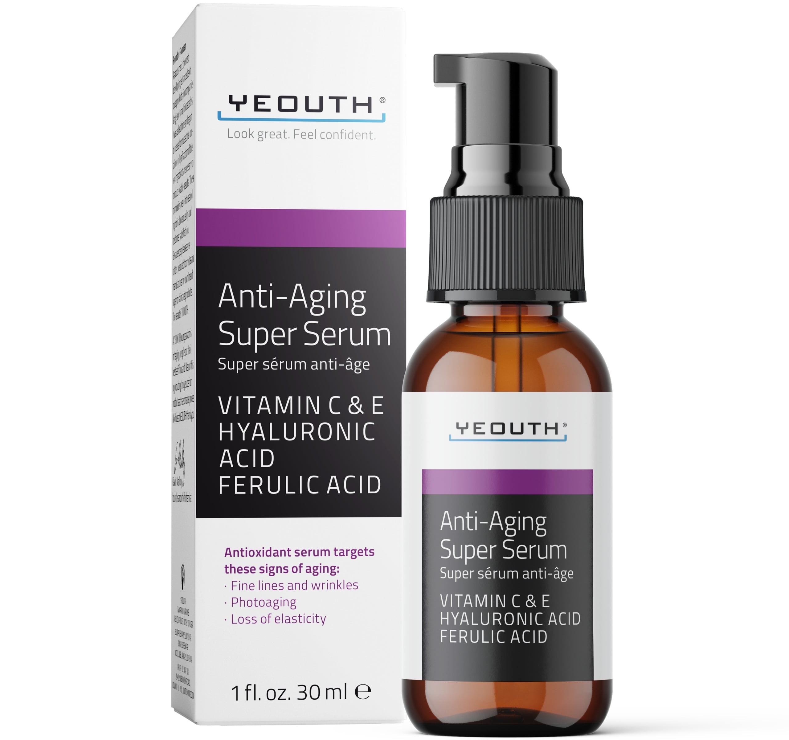 YEOUTH Anti Aging Serum for Face with Hyaluronic Acid, Ferulic Acid, Vitamin C and E 1oz