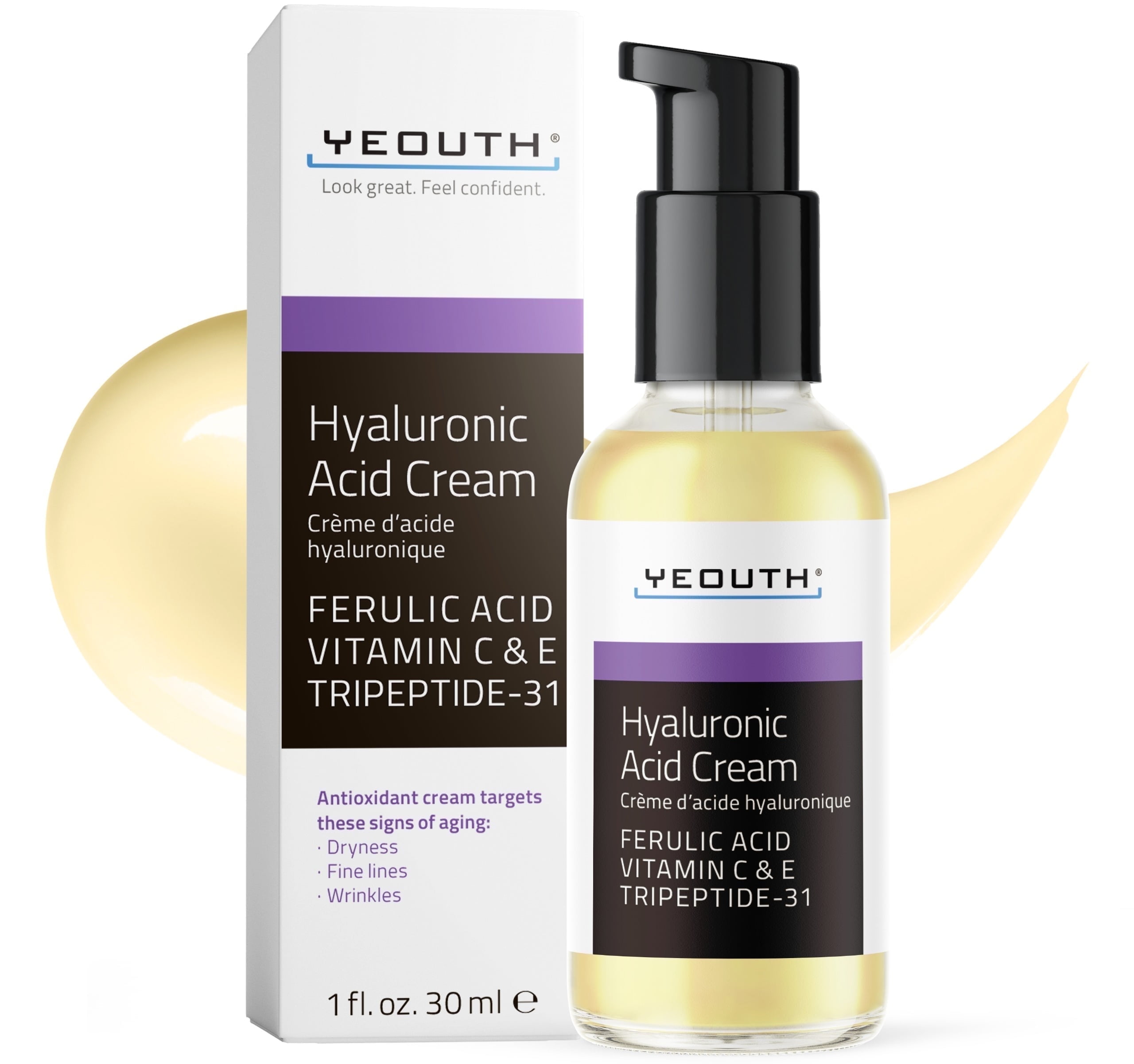 YEOUTH Hyaluronic Acid Cream with Vitamin C & E, Ferulic Acid & Tripeptide 1 oz