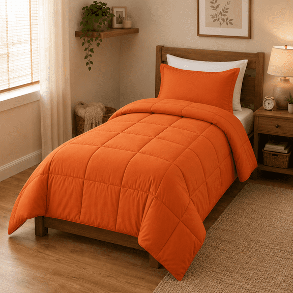 YEPCLUB 2-Piece Twin Size Comforter Set, Orange Down Alternative Reversible Bedding Set, All-Season Quilted Soft Comforter with Pillowcases