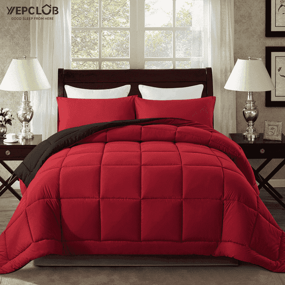 YEPCLUB 3-Piece King Size Comforter Set, Black and Red Down Alternative Reversible Bedding Set, All-Season Quilted Soft Comforter with Pillowcases