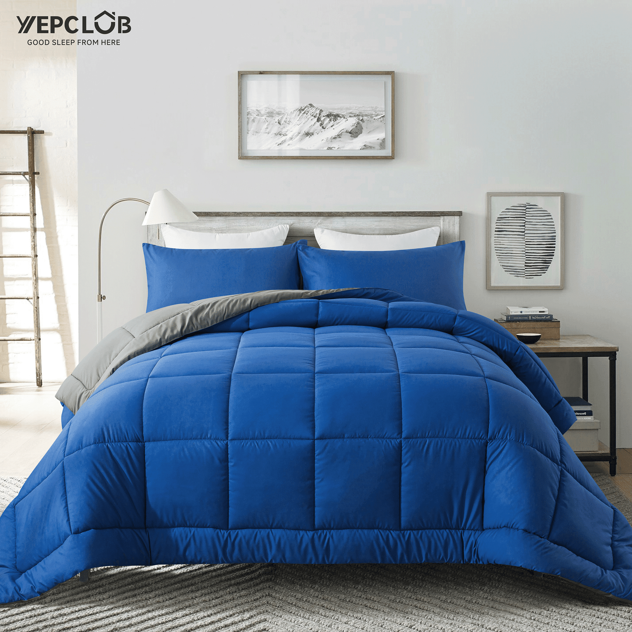YEPCLUB 3-Piece King Size Comforter Set, Blue and Gray Down Alternative Reversible Bedding Set, All-Season Quilted Soft Comforter with Pillowcases