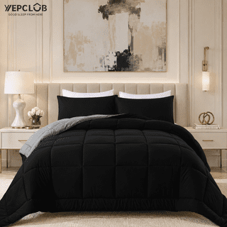 YEPCLUB 3-Piece Queen Size Comforter Set, Black and Gray Down Alternative Reversible Bedding Set, All-Season Quilted Soft Comforter with Pillowcases