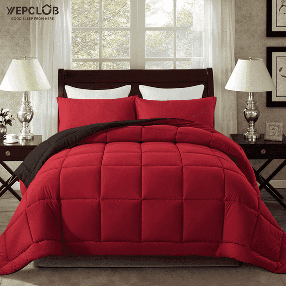 YEPCLUB 3-Piece Queen Size Comforter Set, Black and Red Down Alternative Reversible Bedding Set, All-Season Quilted Soft Comforter with Pillowcases