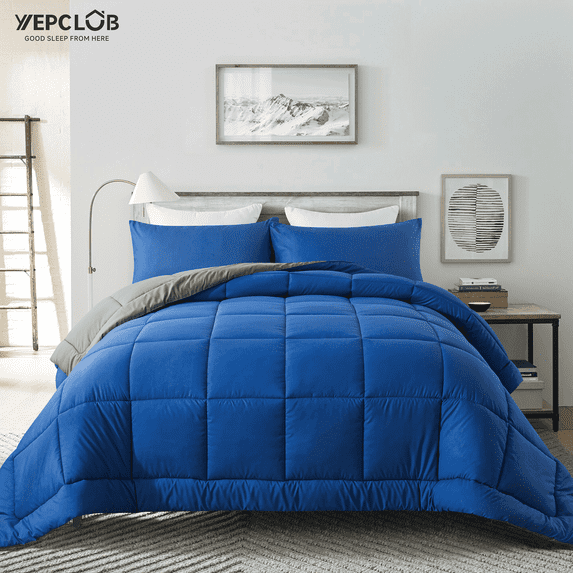YEPCLUB 3-Piece Full Size Comforter Set, Blue and Gray Down Alternative Reversible Bedding Set, All-Season Quilted Soft Comforter with Pillowcases