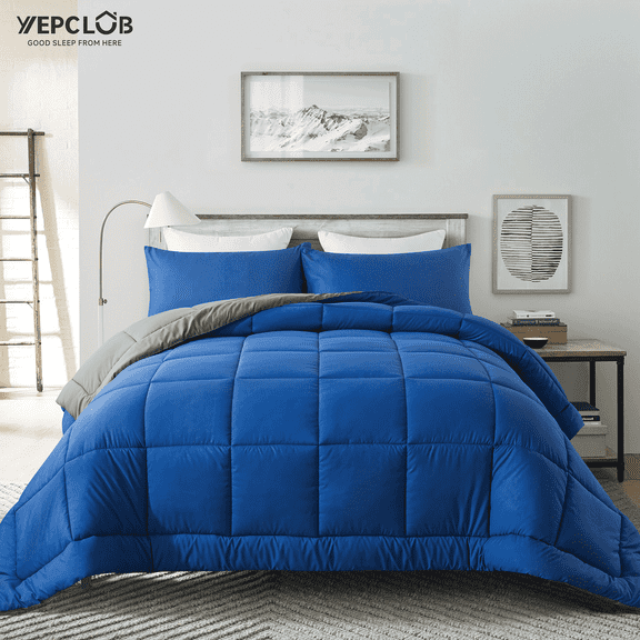 YEPCLUB 3-Piece Full Size Comforter Set, Blue and Gray Down Alternative Reversible Bedding Set, All-Season Quilted Soft Comforter with Pillowcases