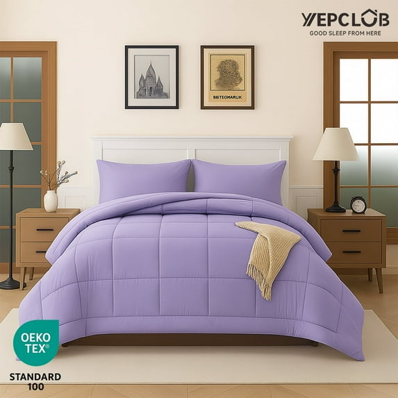 YEPCLUB 3-Piece Full Size Comforter Set, Light Purple Down Alternative Reversible Bedding Set, All-Season Quilted Soft Comforter with Pillowcases