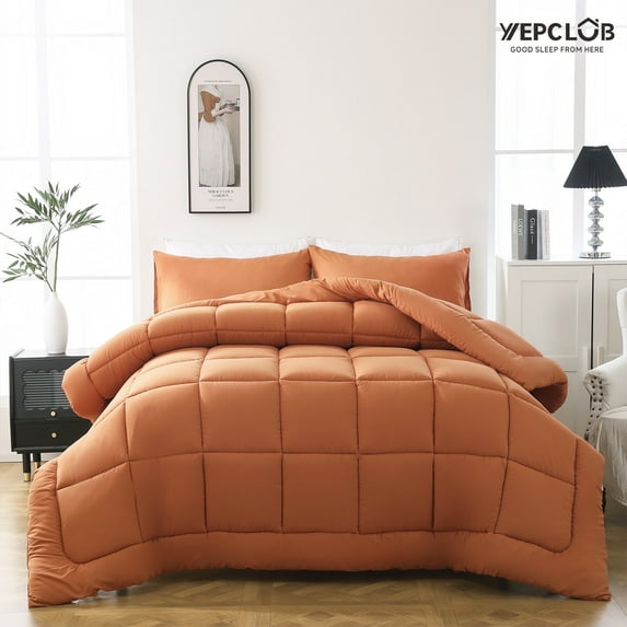 YEPCLUB 3-Piece Full Size Comforter Set, Orange Down Alternative Reversible Bedding Set, All-Season Quilted Soft Comforter with Pillowcases