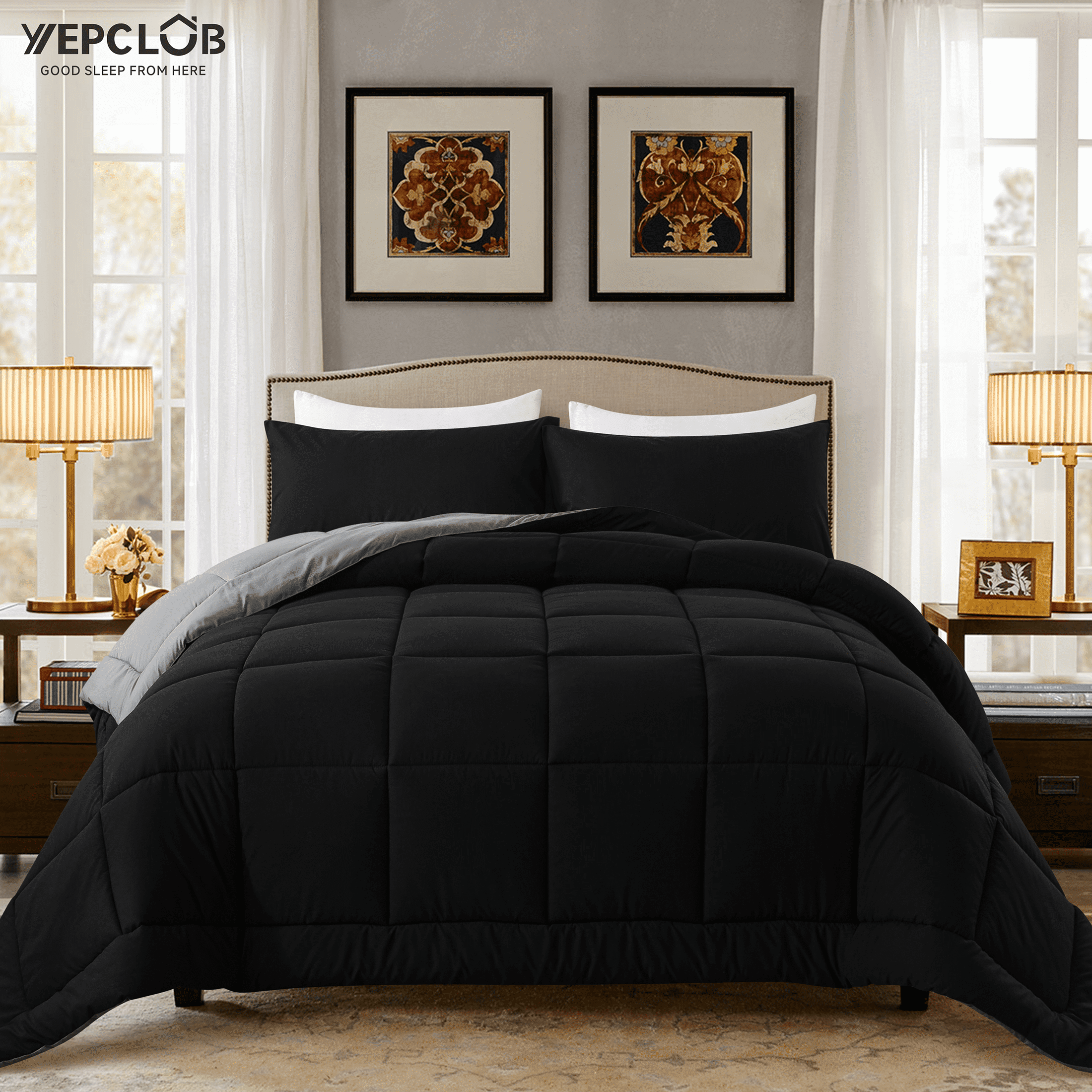 YEPCLUB 3-Piece King Size Comforter Set, Black and Gray Down Alternative Reversible Bedding Set, All-Season Quilted Soft Comforter with Pillowcases