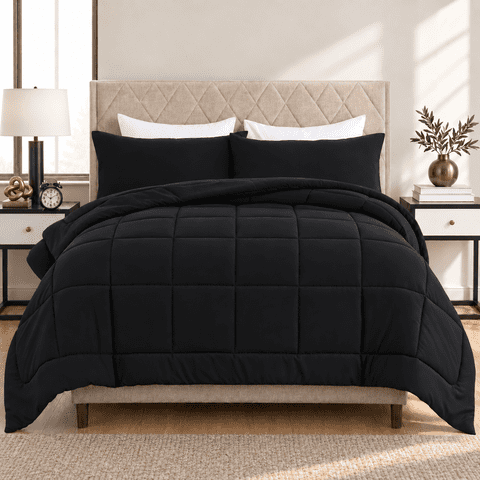 YEPCLUB 3-Piece Queen Size Comforter Set, Black Down Alternative Reversible Bedding Set, All-Season Quilted Soft Comforter with Pillowcases