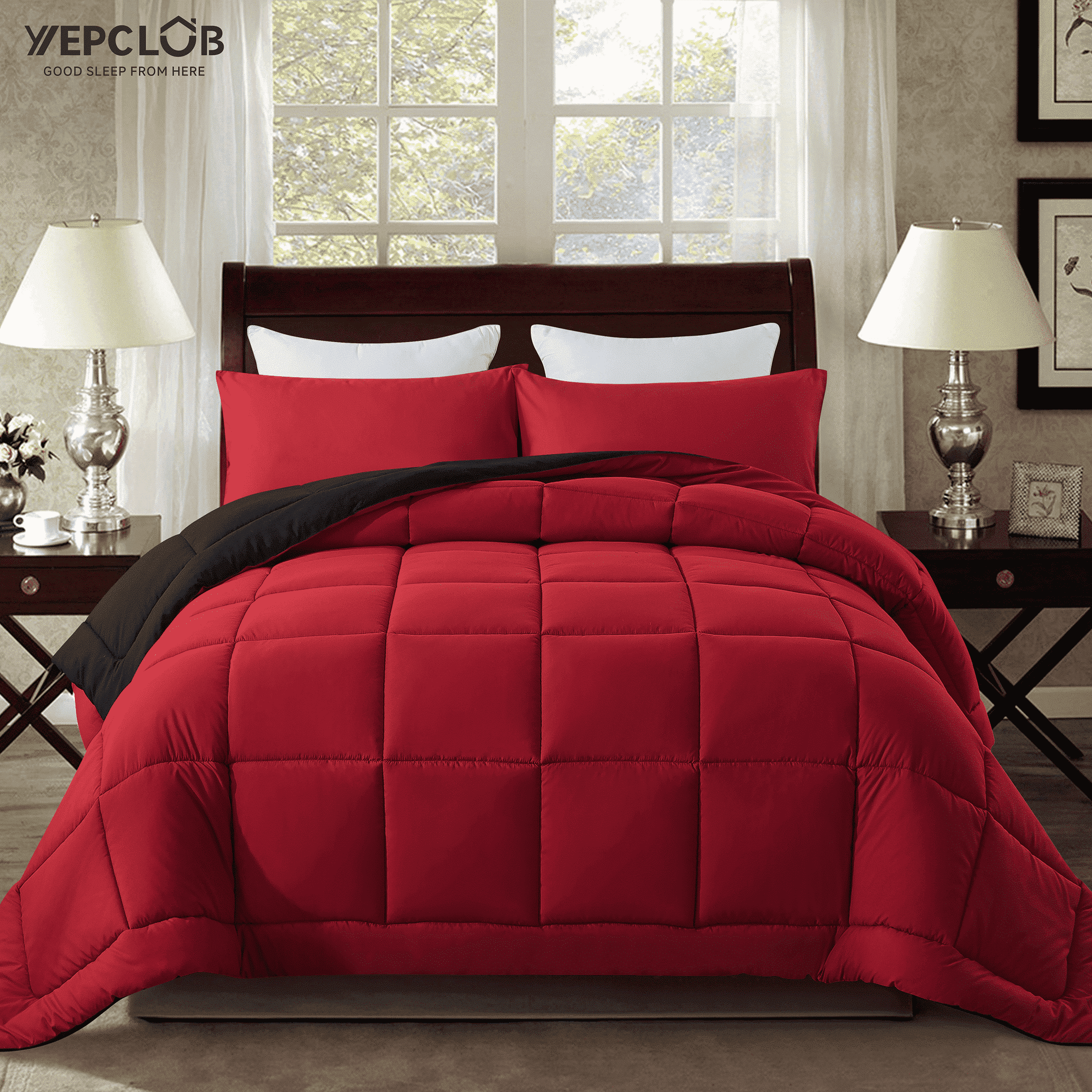 YEPCLUB 2-Piece Twin Size Comforter Set, Black and Red Down Alternative Reversible Bedding Set, All-Season Quilted Soft Comforter with Pillowcases