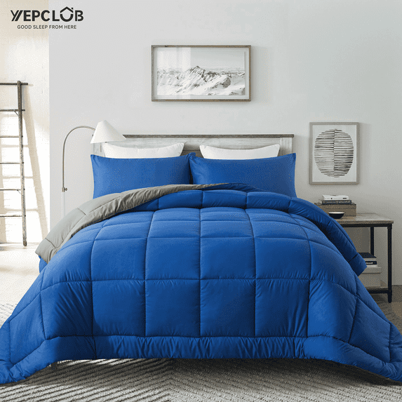 YEPCLUB 3-Piece Twin Size Comforter Set, Blue and Gray Down Alternative Reversible Bedding Set, All-Season Quilted Soft Comforter with Pillowcases