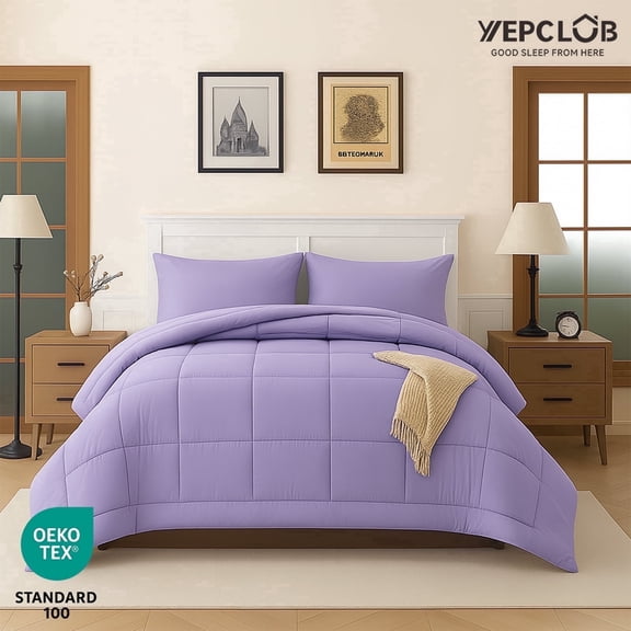 YEPCLUB 2-Piece Twin Size Comforter Set, Light Purple Down Alternative Reversible Bedding Set, All-Season Quilted Soft Comforter with Pillowcases