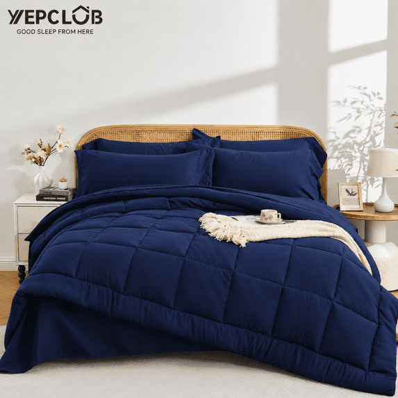 YEPCLUB Cal King Size Comforter Set, 7-Piece Bed in a Bag, Ultra Soft Reversible All Season Bedding Set with Sheets, Pillowcases & Shams, Navy