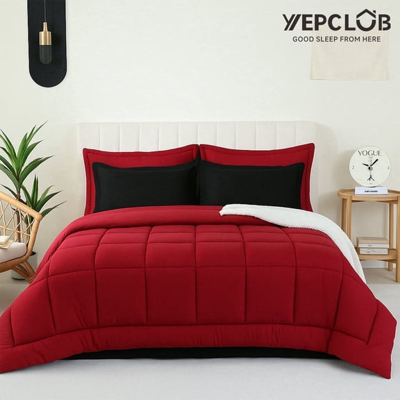 YEPCLUB 7-Piece Full Size Comforter Set,Black and Red Reversible Bed in a Bag,All Season Solid Bedding Set with Sheets,Pillowcases & Shams