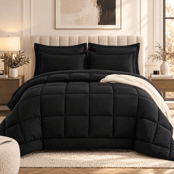 YEPCLUB Full Size Comforter Set, 7-Piece Bed in a Bag, Ultra Soft Reversible All Season Bedding Set with Sheets, Pillowcases & Shams, Black