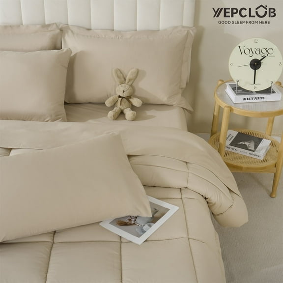YEPCLUB 7-Piece Queen Size Comforter Set,Beige Reversible Bed in a Bag,All Season Solid Bedding Set with Sheets,Pillowcases & Shams