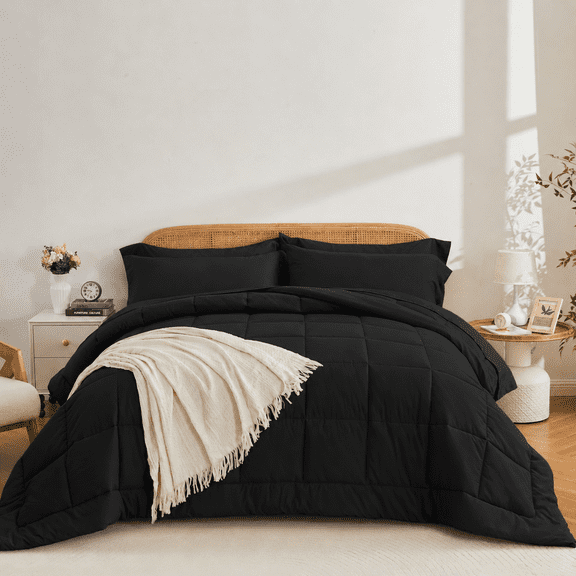 YEPCLUB Queen Size Comforter Set, 7-Piece Bed in a Bag, Ultra Soft Reversible All Season Bedding Set with Sheets, Pillowcases & Shams, Black