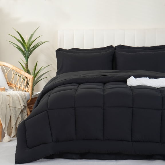 YEPCLUB Queen Size Comforter Set, 7-Piece Bed in a Bag, Ultra Soft Reversible All Season Bedding Set with Sheets, Pillowcases & Shams, Black