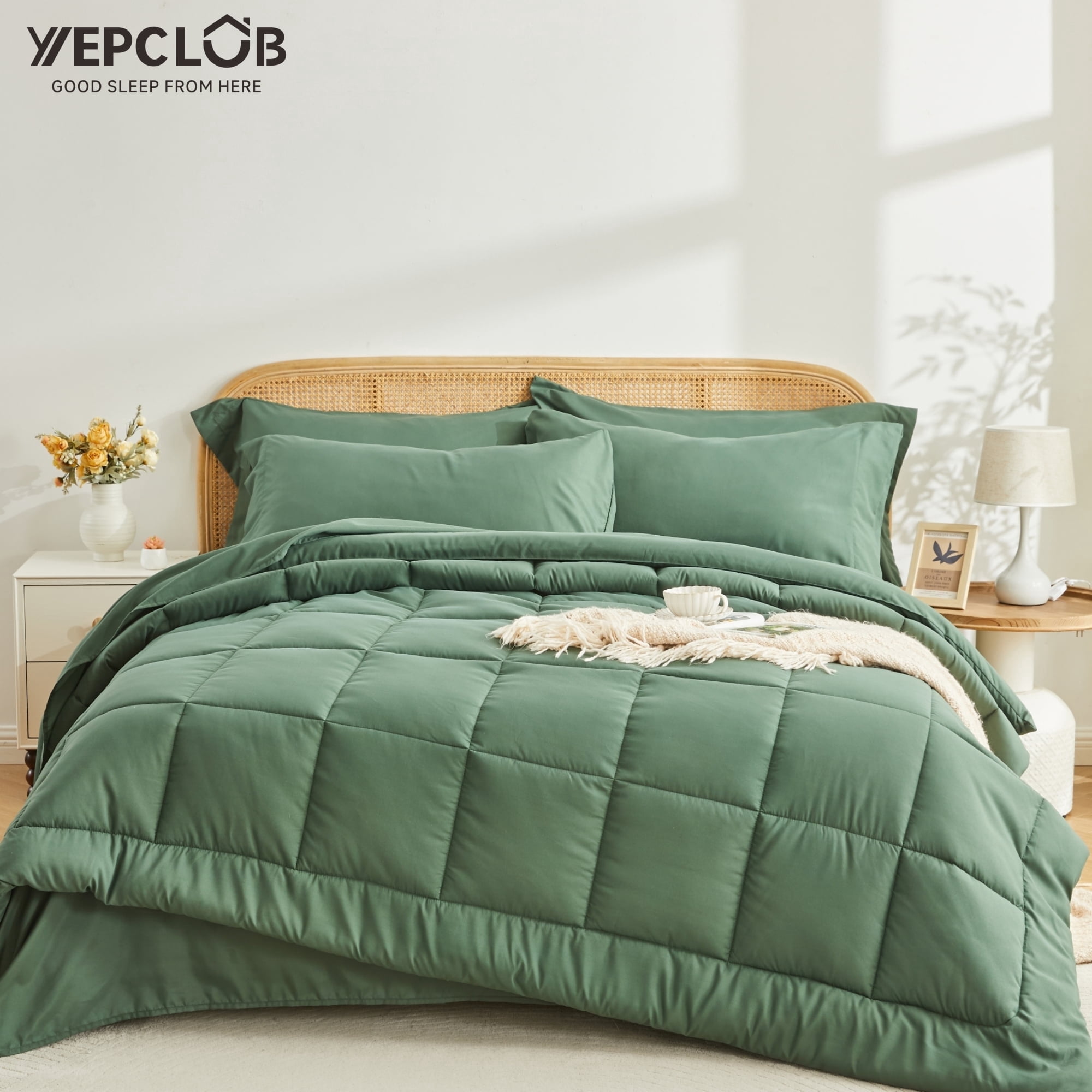 YEPCLUB Full Size Comforter Set, 7-Piece Bed in a Bag, Cozy Reversible All Season Bedding Set with Sheets, Pillowcases & Shams, Green