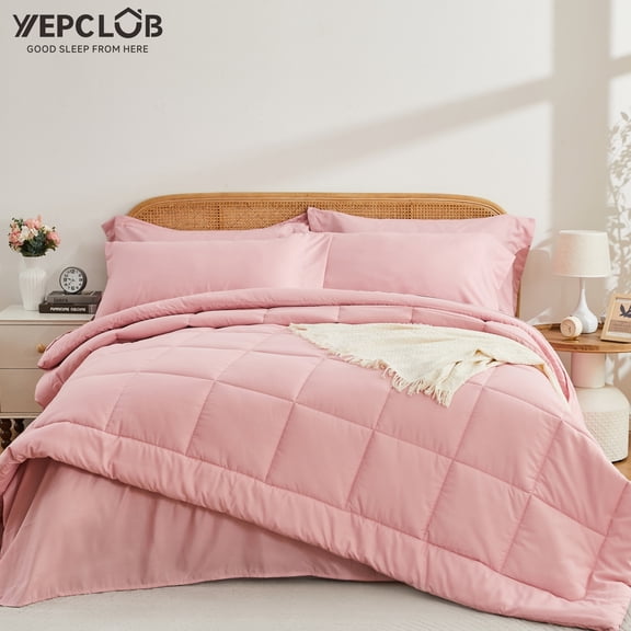 YEPCLUB 7-Piece Full Size Comforter Set,Pink Reversible Bed in a Bag,All Season Solid Bedding Set with Sheets,Pillowcases & Shams