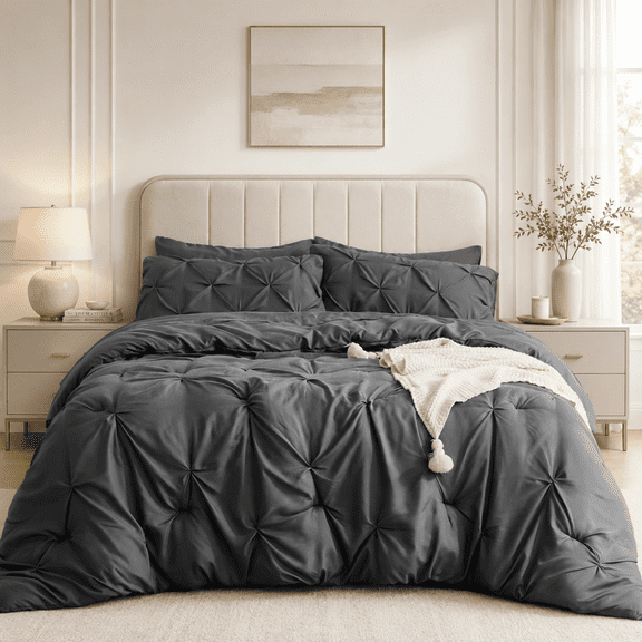 YEPCLUB Gray Full Size Pintuck 7-Piece Comforter Set, Pinch Pleat Bed in a Bag, All Season Down Alternative Bedding Set with Comforter, Sheets, Pillowcases & Shams