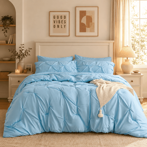 YEPCLUB Blue Full Size Pintuck 7-Piece Comforter Set, Pinch Pleat Bed in a Bag, All Season Down Alternative Bedding Set with Comforter, Sheets, Pillowcases & Shams