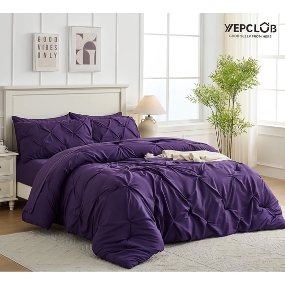YEPCLUB Purple Full Size Pintuck 7-Piece Comforter Set, Pinch Pleat Bed in a Bag, All Season Down Alternative Bedding Set with Comforter, Sheets, Pillowcases & Shams