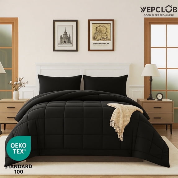 YEPCLUB 3-Piece Full Size Comforter Set, Black Down Alternative Reversible Bedding Set, All-Season Quilted Soft Comforter with Pillowcases