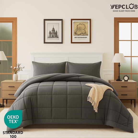 YEPCLUB 3-Piece Full Size Comforter Set, Grey Down Alternative Reversible Bedding Set, All-Season Quilted Soft Comforter with Pillowcases