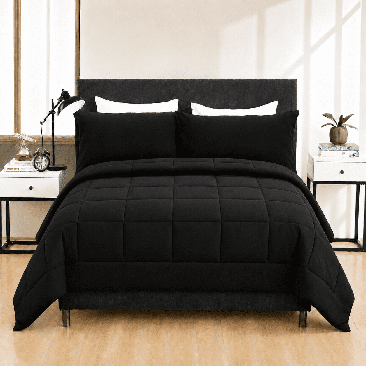 YEPCLUB 3-Piece Full Size Comforter Set, Black Down Alternative Reversible Bedding Set, All-Season Quilted Soft Comforter with Pillowcases