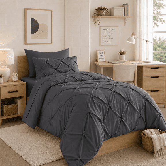 YEPCLUB Gray Twin Size Pintuck 5-Piece Comforter Set, Pinch Pleat Bed in a Bag, All Season Down Alternative Bedding Set with Comforter, Sheets, Pillowcase & Sham