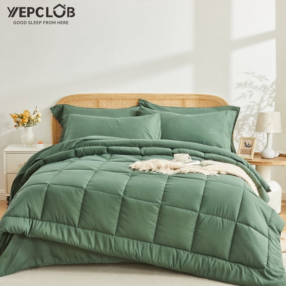 YEPCLUB King Size Comforter Set, 7-Piece Bed in a Bag, Cozy Reversible All Season Bedding Set with Sheets, Pillowcases & Shams, Green