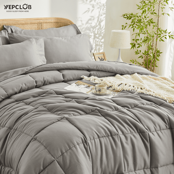 YEPCLUB 7-Piece King Size Comforter Set,Grey Reversible Bed in a Bag,All Season Solid Bedding Set with Sheets,Pillowcases & Shams