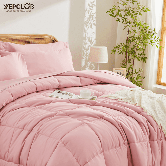 YEPCLUB 7-Piece King Size Comforter Set,Pink Reversible Bed in a Bag,All Season Solid Bedding Set with Sheets,Pillowcases & Shams