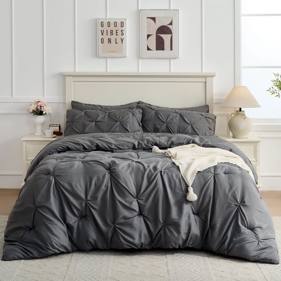 YEPCLUB Gray King Size Pintuck 7-Piece Comforter Set, Pinch Pleat Bed in a Bag, All Season Down Alternative Bedding Set with Comforter, Sheets, Pillowcases & Shams