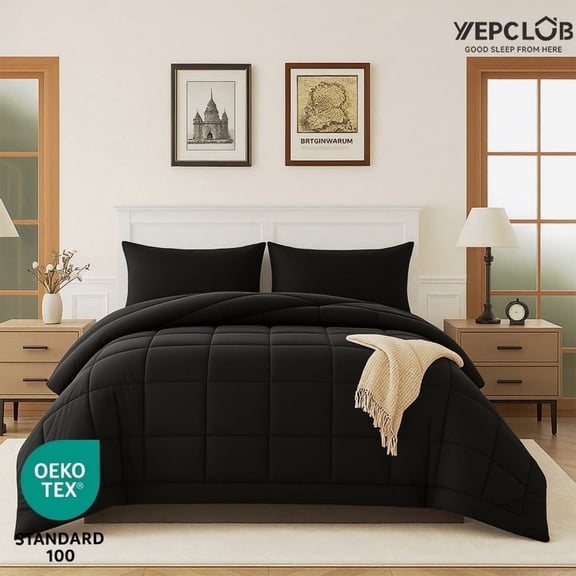 YEPCLUB 3-Piece King Size Comforter Set, Black Down Alternative Reversible Bedding Set, All-Season Quilted Soft Comforter with Pillowcases