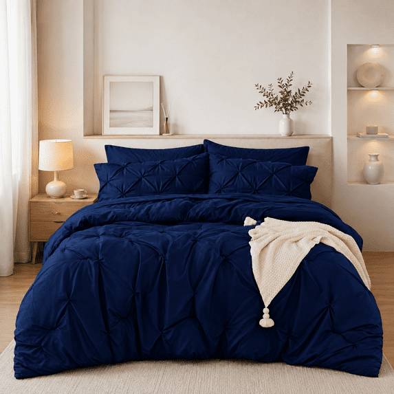 YEPCLUB Navy King Size Pintuck 7-Piece Comforter Set, Pinch Pleat Bed in a Bag, All Season Down Alternative Bedding Set with Comforter, Sheets, Pillowcases & Shams