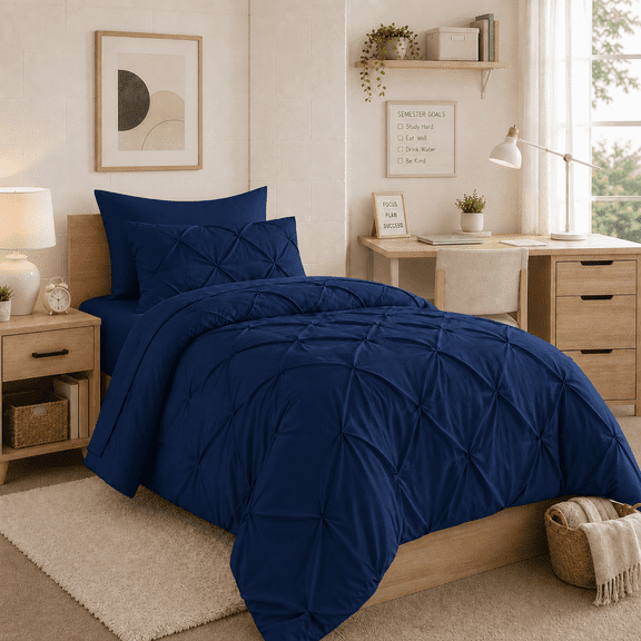 YEPCLUB Navy Twin Size Pintuck 5-Piece Comforter Set, Pinch Pleat Bed in a Bag, All Season Down Alternative Bedding Set with Comforter, Sheets, Pillowcase & Sham