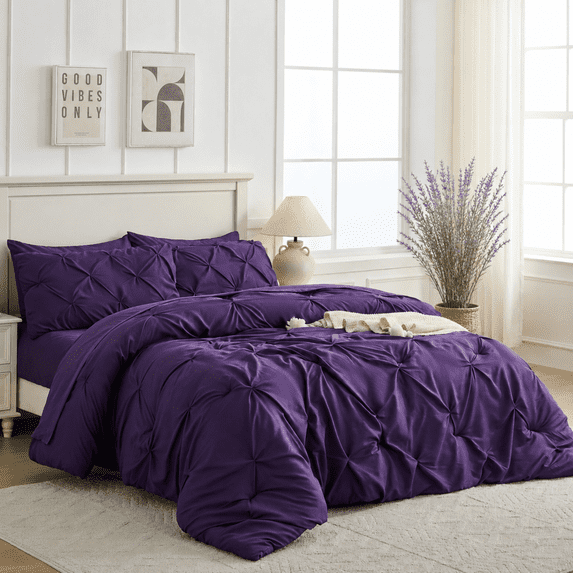 YEPCLUB Purple California King Size Pintuck 7-Piece Comforter Set, Pinch Pleat Bed in a Bag, All Season Down Alternative Bedding Set with Comforter, Sheets, Pillowcases & Shams
