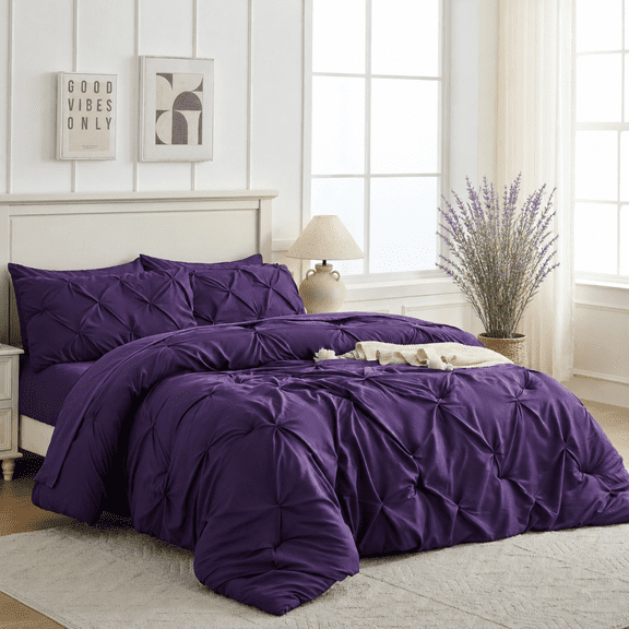 YEPCLUB Purple California King Size Pintuck 7-Piece Comforter Set, Pinch Pleat Bed in a Bag, All Season Down Alternative Bedding Set with Comforter, Sheets, Pillowcases & Shams