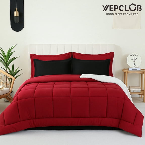 YEPCLUB 7-Piece Queen Size Comforter Set,Black and Red Reversible Bed in a Bag,All Season Solid Bedding Set with Sheets,Pillowcases & Shams