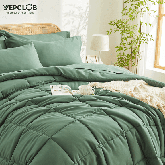 YEPCLUB 7-Piece Queen Size Comforter Set,Green Reversible Bed in a Bag,All Season Solid Bedding Set with Sheets,Pillowcases & Shams