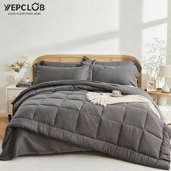 YEPCLUB Queen Size Comforter Set, 7-Piece Bed in a Bag, Soft Reversible All Season Bedding Set with Sheets, Pillowcases & Shams, Grey