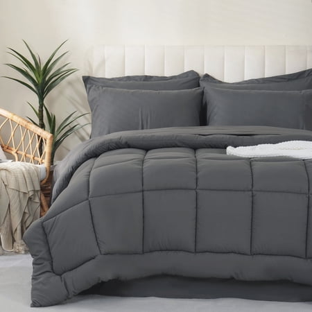 YEPCLUB Queen Size Comforter Set, 7-Piece Bed in a Bag, Soft Reversible All Season Bedding Set with Sheets, Pillowcases & Shams, Grey