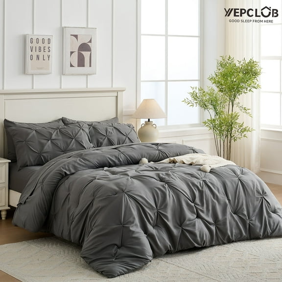 YEPCLUB Gray Queen Size Pintuck 7-Piece Comforter Set, Pinch Pleat Bed in a Bag, All Season Down Alternative Bedding Set with Comforter, Sheets, Pillowcases & Shams